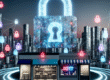 Photoreal cover: digital shield over city and small store; IoT devices and ransomware alert.