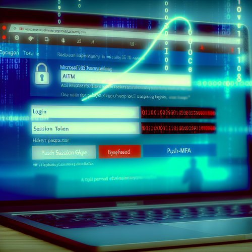 AiTM Phishing: How Attackers Use Session-Token Theft To Bypass MFA In Microsoft 365 — Detection And Prevention Laptop with Microsoft 365 login and attacker overlay capturing session token