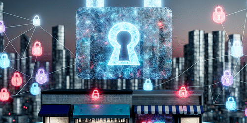 Photoreal cover: digital shield over city and small store; IoT devices and ransomware alert.